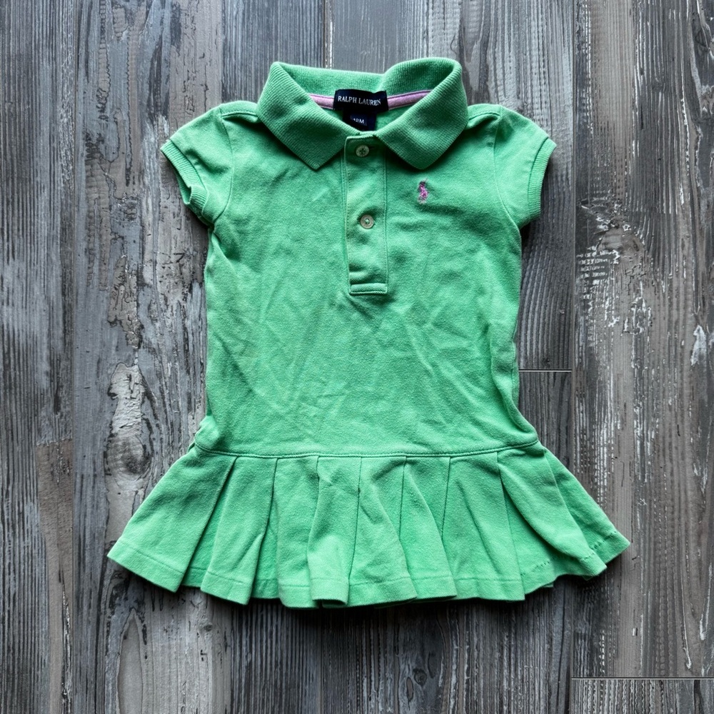 Ralph Lauren Pleated Short Sleeve Collared Green Pink Polo Dress Kids 12 Months